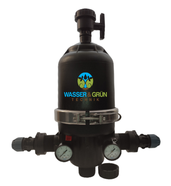 Filter 2" Scheibenfilter groß mit PE-Kupplung, Filter 2" mit Manometer und PE-Kupplung, 120 mesh bis 18-24 m²/h bis